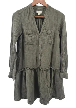 Maeve Dress Womens 2 Tiered Babydoll Olive Green Double Gauze Mini EUC thumbnail 1