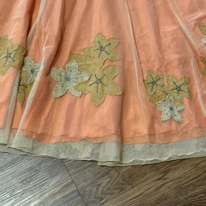 Citrine Midi Skirt Mesh Overlay Burlap-Like Leaf Applique Blue Beads Sequins 14 thumbnail 8