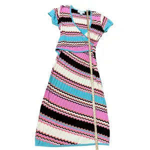 Bloomingdales Pink Turquoise Chevron Zigzag‎ Knit Wrap Midi Dress Vintage Med thumbnail 5