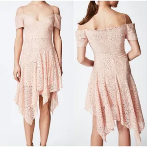 Nicole Miller Sz 2 peach lace crochet handkerchief Off Shoulder Dress Fairy Y2K thumbnail 2