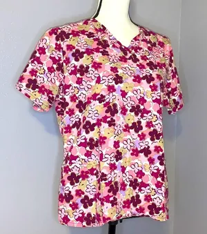 All Heart pink floral medical dental scrub top thumbnail 2
