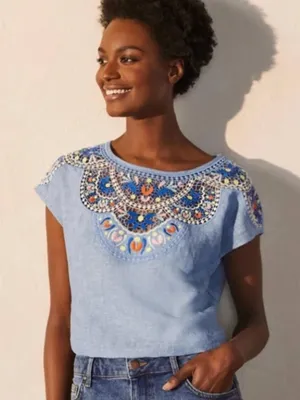 Boden Fleur Linen Embroidered Top in Chambray 12 thumbnail 1