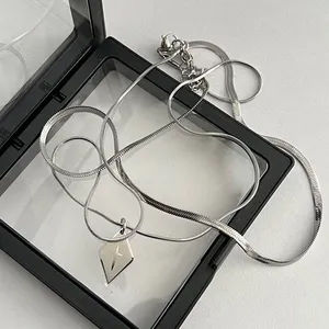 Layered Snake Chain Geometric Rhombus Cross Pendant Necklace for Men Women thumbnail 3