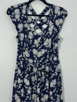 Maeve by Anthropologie Navy Blue White Floral Button Front Maxi Dress Size 4 thumbnail 2