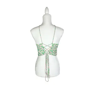 Zara Pink Green Floral Satin Halter‎ Spaghetti Strap Crop Top Size Small thumbnail 2