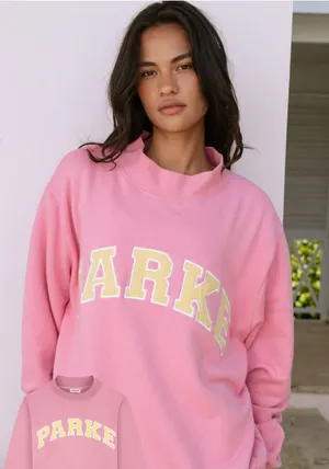 Parke Summerland Varsity Mockneck Sweatshirt Starburst peel Conch L/XL in hand thumbnail 1