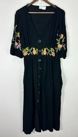 Asos Black Floral Embroidered Midi Dress 8 Button Short Sleeve Dark Cottage Boho thumbnail 1
