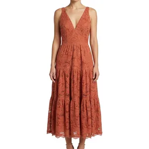 Dress the Population Burnt Orange Gold Lace Tiered V-Neck Midi Dress size S thumbnail 2