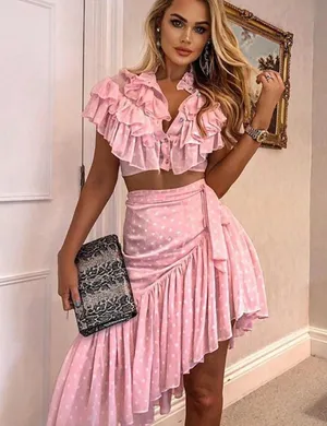 Comino Couture Pink ruffle skirt and crop top set thumbnail 1