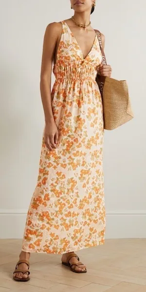Peony Dress‎ Vacation Cotton Floral Lightweight Summer Maxi Pastel Orange M EUC thumbnail 1