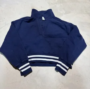 Aerie cropped Navy Quarter-Zip Pullover with Striped Hem small thumbnail 1