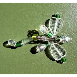 Vintage Beaded Dragonfly Brooch Green Clear Crystal Glass Pin 2.5” thumbnail 4