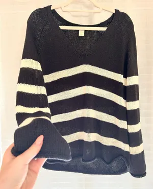 Long Sleeve V-neck Raglan Sleeve Black & White Stripe Oversized Fit Sweater thumbnail 1