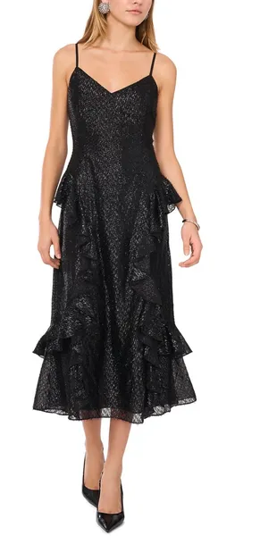 Black Sparkly Ruffle Midi Dress Size 4 thumbnail 1