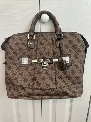 GUESS Brown Monogram Satchel Purse with Logo Plaque thumbnail 3