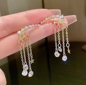 Women's Crystal Star Tassel Chain Dangle Drop Earrings Gold thumbnail 1
