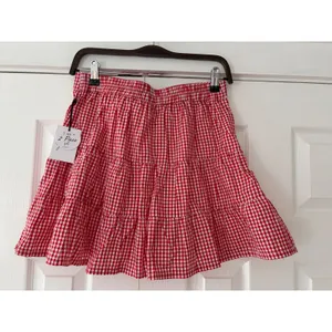 Japna Red White Gingham Tiered Mini Skirt Elastic Waist 81867 SET Size M thumbnail 2