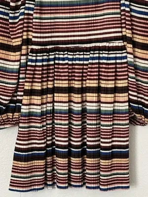 Zara Striped Babydoll Mini Dress Puff Sleeve Earthy Artsy‎ Festival Boho Medium thumbnail 10