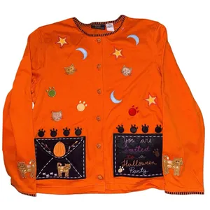 vintage Onque Casuals orange Halloween cardigan embroidered cats pumpkins medium thumbnail 1
