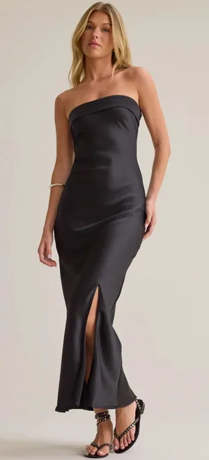 Altar’d State Paityn Strapless Maxi Dress Black Satin Formal Elegant Wedding thumbnail 1