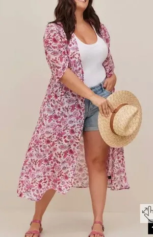Torrid Pink Floral Chiffon Maxi Kimono Cover Up Metallic 1 xl boho dainty whimsi thumbnail 1