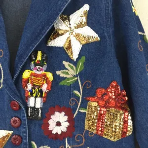 Christmas Sequin Patches Denim Blazer Size L thumbnail 6