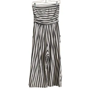 J For Justify Strapless Pockets Black and White Striped Wide Leg Romper Jumpsuit thumbnail 2