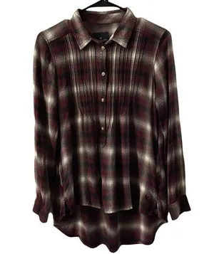 American Eagle Brown & White Plaid Flannel Button Down Hi-Lo Top Small thumbnail 1