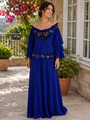 Orizon Fashion galabiya dress Off-Shoulder Royal Blue Embroidered Maxi Dress thumbnail 2