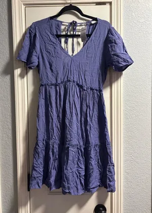 Lascana Tiered Mini Dress Women 6 Blue V-Neck Open Tie Back Short Sleeve NEW thumbnail 1