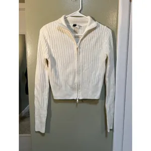 Divided H&M Women's Size Small Full Zip Cardigan Sweater White Ribbed Double Zip thumbnail 2