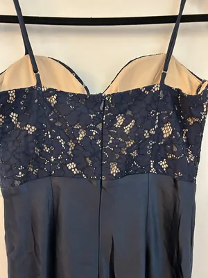 Here Comes the Sun Lace Bodice Satin Maxi Dress Gown in Navy Blue Size S NWT thumbnail 9