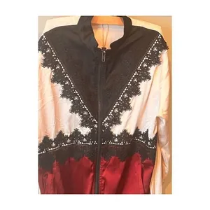 NWT Gimmicks by BKE Colorblock Top Satin ZipUp Beige Red Black Lace‎ Ruffle Cuff thumbnail 2