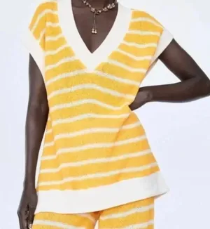 Zara Yellow and White Striped Zara V-Neck Sleeveless Knit Sweater Medium (NWT) thumbnail 1