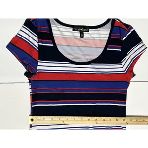 Derek Heart Striped Maxi Dress Med Blue Red White Jersey Knit Short Sleeve VGUC thumbnail 12