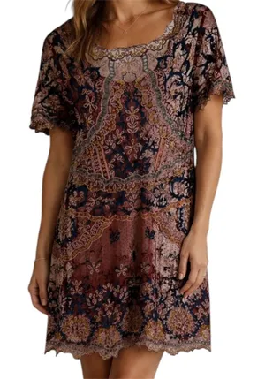 Sundance Dress Lace Sheer Scalloped Cover Up Mini Floral Embroidered Maroon S thumbnail 1