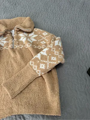 Time and Tru Tan Sherpa Half-Zip Sweater with White Nordic Pattern thumbnail 2