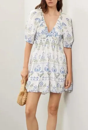 Saylor Gracey floral v neck puff sleeve Summer Dress Size L thumbnail 1
