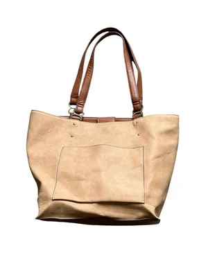 Two-Tone Faux Leather Tote Bag - Tan & Cognac Brown Everyday Shoulder Bag thumbnail 1