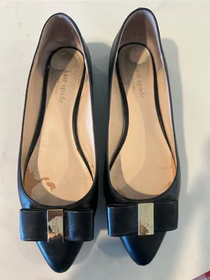 Kate Spade Norah Black Pointed-Toe Leather Flats with Bow and Gold Plaque size 8 thumbnail 1