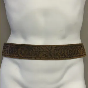 Brown Western Leather Embossed Floral Inspired Belt with Shiny Silver Hardware thumbnail 2