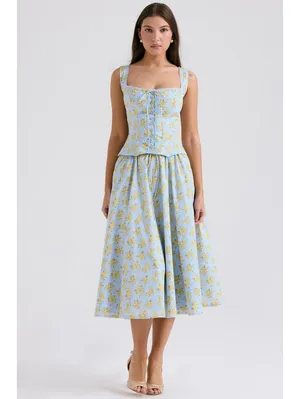 House of CB Cora Gathered Lace-Up Cotton Midi Skirt Soft Blue Vintage Floral thumbnail 5