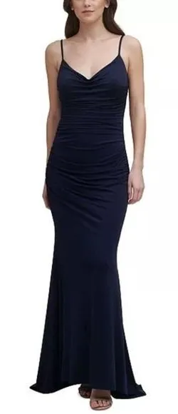 Eliza J Navy Cowl Neck Ruched Jersey Slinky Sleeveless‎ Evening Gown Size 6 NWT thumbnail 1