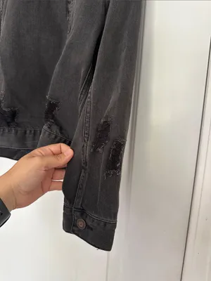 Hollister Black Sherpa-Trim Distressed Denim Jacket Black Sz M thumbnail 7