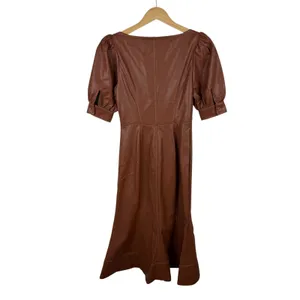 NWT By Anthropologie Vegan Leather Puff Sleeve Zip Front Midi Dress Size 2 Brown thumbnail 4