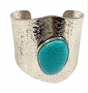 Western boho statement Bracelet Silver Hammered Wide Cuff Oval Turquoise stone thumbnail 1