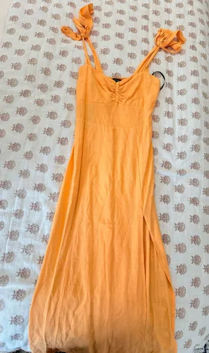 Forever 21 Orange maxi halter slit summer dress #beach dress #sunmermaxidress #trendy #cute #brunch thumbnail 1