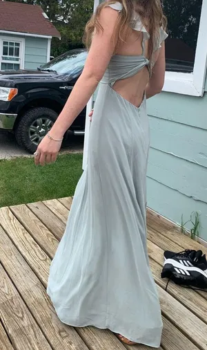 Bhldn Diana Sage green mint gown ruffle slit med thumbnail 3
