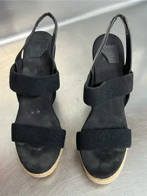 TORY BURCH Wedge Espadrille 2 Band Canvas & Leather Black Sandal- Size 7.5 - GUC thumbnail 3