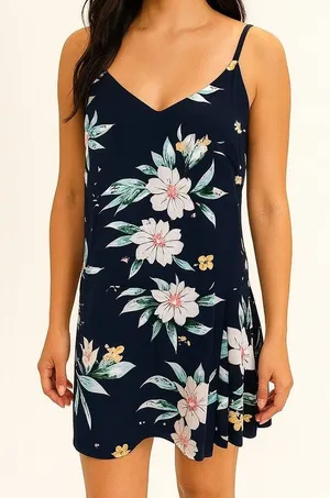 FRNCH Navy Blue Floral Spaghetti Strap Dress‎ Large Lined Pleated Shift thumbnail 1